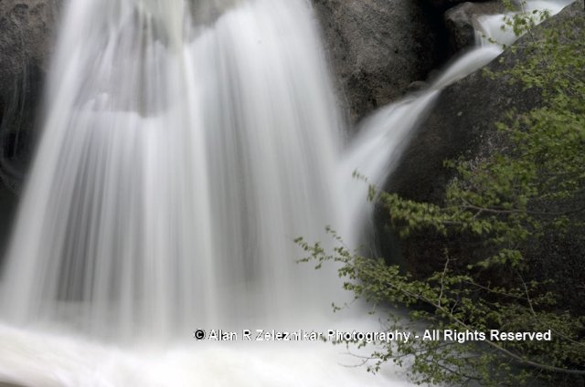 Cascading creek falls in California's Yosemite National Park